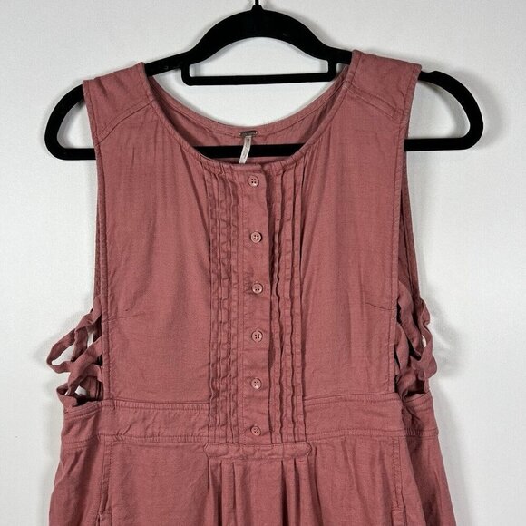 FREE PEOPLE Moonshine Mini Dress Pink Linen Blend Hippie Boho Pockets Women’s M - Picture 3 of 11